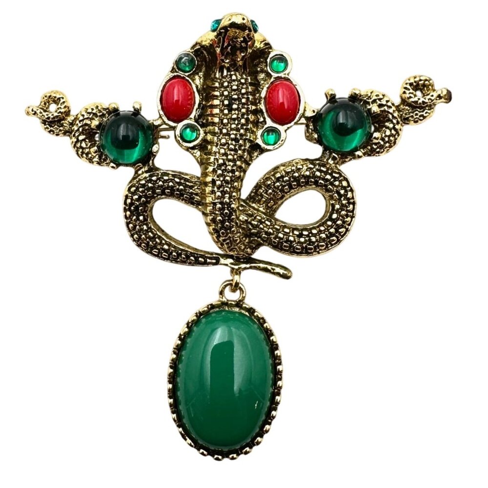 Cobra Snake Red Green Cabochon Gold Tone Vintage Style 3 Inch Brooch Pin
